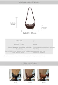 Detailed view of PU leather crescent bag size 25x11x8cm in black and brown colors