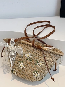 Women Summer Straw Woven Tote Bag Daisy Embroidery Beach Handbag Drawstring Vacation Shoulder Bag With Leather Strap