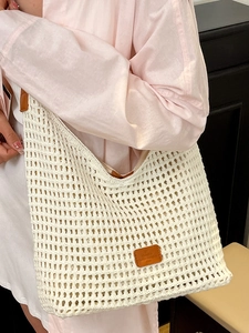 Summer woven crochet tote bag with white cotton mesh and brown leather shoulder straps