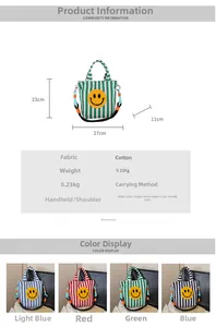 Tableau des tailles détaillé et spécifications du sac seau en toile rayée avec smiley