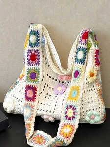 Bohemian Handgehäkelte Tote Bag Für Damen 3D Floral Gewebte Umhängetasche Hohlraum Großes Fassungsvermögen Garn Strick Strandtasche