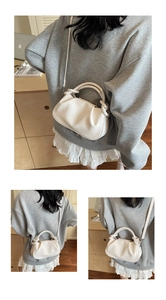 Three views showing off-white pebbled leather cloud bag with knot handle detail