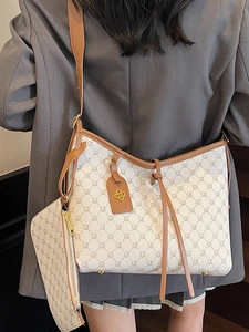 Vintage monogram tote bag set with matching small pouch in ivory and brown faux leather
