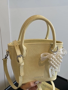 Borsa a Tracolla in Pelle PU Pieghettata Con Ciondolo di Künstliche Perle Nastro di Pizzo Piccola Borsa a Secchiello per Donna Moda Quotidiana