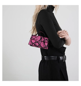 Close-up of fuchsia snakeskin mini square bag with gold chain strap and textured leather