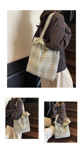 Detail of light green checkered canvas tote bag with lace trim and large capacity design