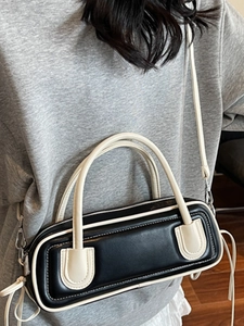 Fashionable black and white color-block cylinder Boston shoulder bag with strap