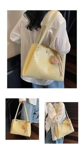 Three-view layout of cream crocodile pattern tote bag with teddy charm and silk scarf
