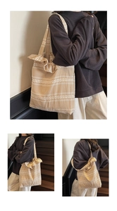 Detail of checkered canvas tote bag with ruffled lace trim and large storage capacity
