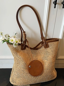 Women's Summer Straw Woven Large Capacity Tote Bag PU Leather Patchwork Single Shoulder Bag Fashion Beach Vacation Bag