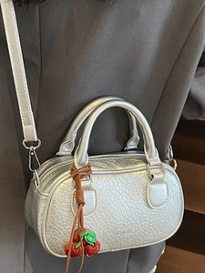 Silver litchi pattern mini pillow bag with cherry charm and detachable shoulder strap