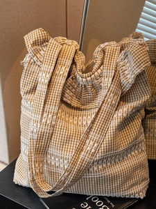 Korean Style Canvas Plaid Tote Bag For Women Ruffle Trim Large Capacity Shoulder Bag Casual Daily Shopping Commuting Handbag
