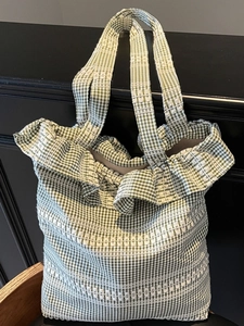 Casual green gingham canvas tote bag with ruffled edges and white lace embroidery details