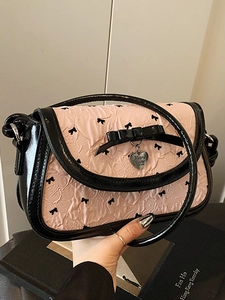 Sweet Pleated Bowknot Print Underarm Bag For Women PU Leather Contrast Color Shoulder Bag With Heart Pendant Chic Daily Bag