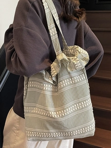 Green and white checkered lace canvas tote bag with large capacity for casual women style