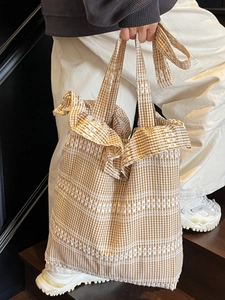 Minimalist yellow gingham canvas tote bag with ruffle trim and large capacity