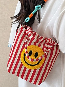 Sac fourre-tout en toile à rayures avec broderie smiley jaune et bandoulière colorée