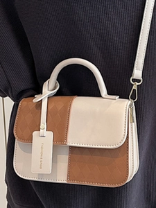 Chic patchwork crossbody bag with khaki rhombus pattern and elegant beige flap