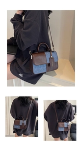 Detailed view of the vintage contrast patchwork mini square bag with denim and brown leather