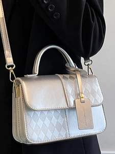 Silver patchwork small square bag with metallic texture for women's crossbody and hand carry