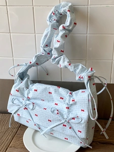 Sweet Japanese Style Floral Bow Print Fabric Shoulder Bag Ruffled Scrunchie Strap Underarm Bag For Women Daily Casual