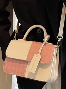 Pink and beige crossbody bag with rhomboid pattern and fashion pendant for women
