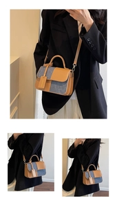 Detail showing contrast patchwork of brown leather and blue denim on a small square bag