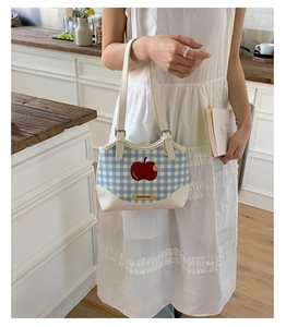 Detail of blue and white checkered canvas shoulder bag with red apple embroidery