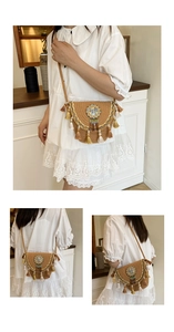 Detail of bohemian woven crossbody bag with colorful tassels and intricate beadwork embroidery