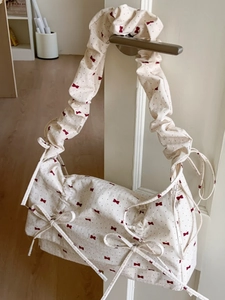 Sweet floral canvas shoulder bag with red bow prints and ruffled straps for women