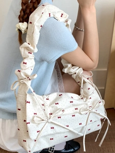 Sweet floral cloth shoulder bag with red bows and ruffled straps for women