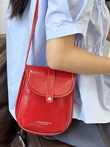 Red mini faux leather crossbody flap bag with button closure for women in daily casual style