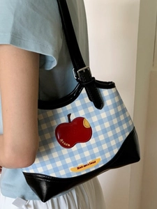 Cute blue checkered apple shoulder bag for women with Not Anxious embroidery detail