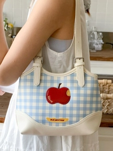 Cute blue checkered apple shoulder bag for women with red embroidery on a canvas fabric