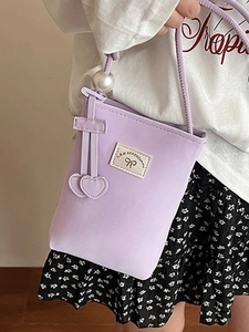 Chic lavender leather mobile phone crossbody bag with pearl charms and heart pendant