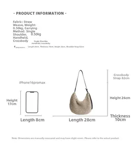 Detailed dimensions of the straw hobo bag with size comparison against iPhone 16 Pro Max