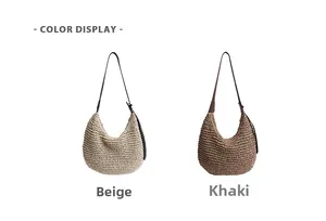 Detail comparison of beige and khaki woven hobo bags with adjustable leather straps
