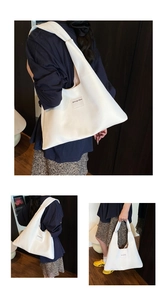 Detailed views of a large off-white leather tote bag for commuting in various poses