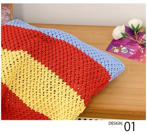 Close-up of the striped crochet knit texture and colorful stitching on this beach tote