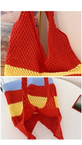 Detail of colorful striped crochet tote bag with red, yellow, and blue hollow knit textures