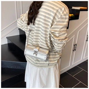 Detail of silver snake-textured chain bag with M-logo clasp worn by model