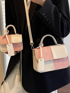 Pink and beige contrast mini square bag with handle and metal chain strap in two sizes
