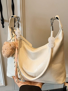 Women Minimalist Crocodile Pattern PU Leather Shoulder Bag With Artificial Pearl Bead Strap And Plush Bear Pendant Fashion Hobo Bag