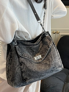 Retro grey denim crossbody bag with silver chain strap and metal buckle for women