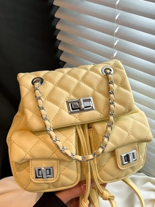 Women Fashion Quilted Rhombic Backpack Casual PU Leather School Bag With Metal Chain Stitching Multi Pocket Small Rucksack