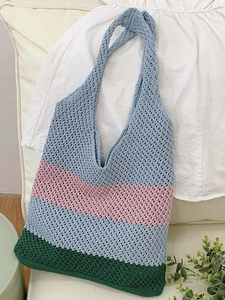 Women Contrast Color Knitted Tote Bag Large Capacity Woven Shoulder Bag Summer Beach Holiday Crochet Casual Hobo Bag