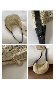 Detailed views of woven straw crescent bag with black leather strap and gold zipper