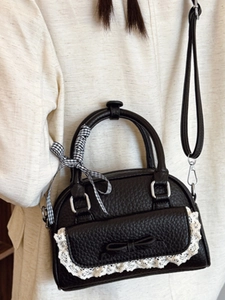 Fashionable black shell bag with lace pockets and litchi texture for women