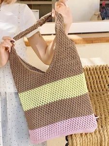 Relaxed oversized knit beach tote bag with brown yellow and pink color block patterns