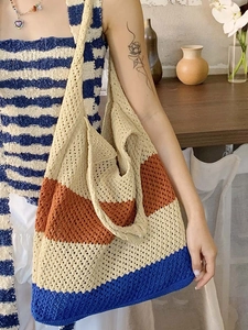 Large crochet woven tote bag in tricolor stripes for summer beach and commute